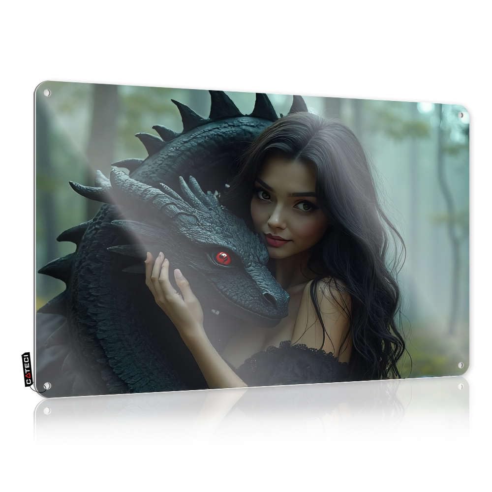 Cute Vintage Wall Art Rustic Wall Poster, Tapestry Funny Quote Design For Home Garage | Best Anti-rust Metal A Woman With Long Dark Hair Is Holding A Black Dragon In A Forest(20X30CM)