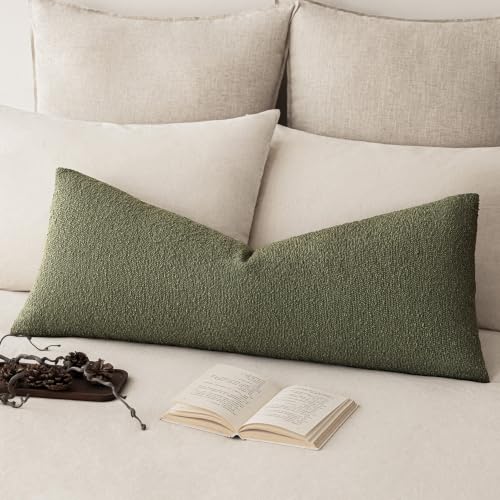 Image of Foindtower Decorative Textured Boucle Throw Pillow Covers Accent Solid Pillow Cases Neutral Long Body Lumbar Couch Cushion Case for Chair Sofa Bedroom Living Room Home Decor 14x36 Inch,1PC,Moss Green