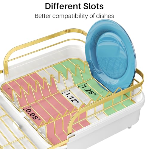 Image of SNTD Dish Drying Rack, Expandable Dish Rack for Kitchen Counter, Stainless Steel Dish Drainer with Drainboard Set and Utensil Holder (Gold)