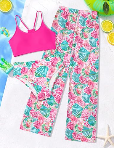 Image of NECIOUS Girls Swimsuit, 3 Piece Bikini Bathing Suit Tropical Floral Swimwear with Cover Up Pants 7-16Y