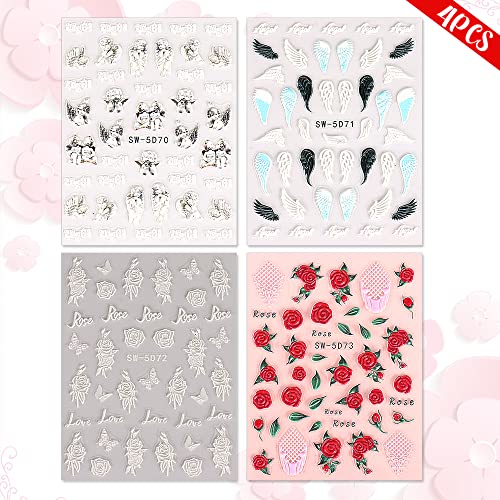Flower Nail Stickers Vintage 5D Relief Red Rose Cupid Self Adhesive Acrylic Nail Art Stickers Realistic Engraved Flower Nail Decal Nail Art Supplies Feather White Rose Valentine's Day Nail Art Decoration 4Sheets #TOP6