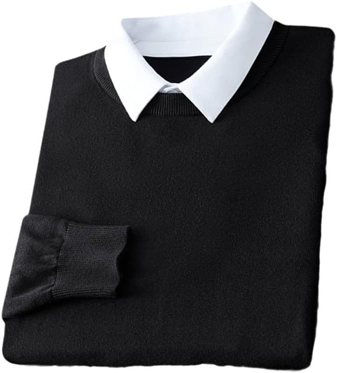 KEHAIOO Men Fake Two-Piece Pullover Shirt Collar Sweater Oversized Gray Black Faux Collar Knitted Long Sleeve Top