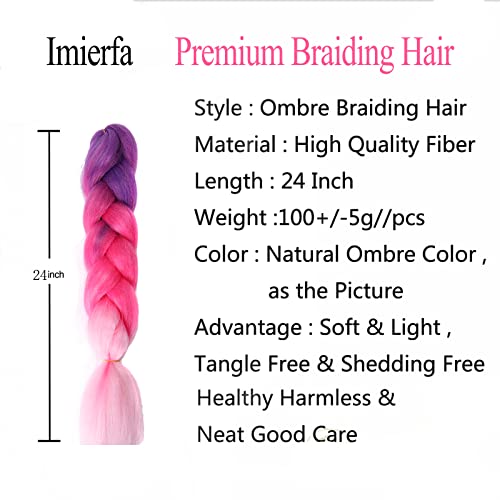 Imierfa Kanekalon Ombre Braiding Hair, 3Tone Braiding Hair Extensions Feed In Hair For Braids, 3Pack Kanekalon Braiding Hair For Twist Braids Color Purple Peach Red Pink 24" 3Pcs #TOP1