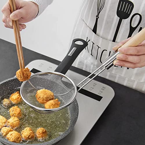 Image of 16cm Stainless Steel Deep Fry Net Skimmer Oil Strainer for Kitchen Frying Spoon for Puri & Poori Strainer Kitchen Utensil for Frying, Cooking & Straining Food Strianer Wood Handle (Pack of 1)
