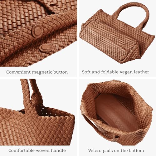 Image of Woven Tote Bag for Women, Large Vegan Leather Tote with Inner Pouch | Soft Woven Texture,Relaxed Style,Shoulder Tote Bag,Unstructured Tote,Casual Woven Handbag,Open Interior,Removable Pouch