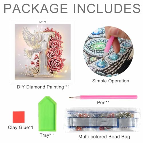 Image of AiYuanzsh 5D Diamond Art Kits for Adults Letter I, Intricate Red Rose & Dove Alphabet Diamond Painting Kit, Special Shape Diamond Art for DIY Crystal Rhinestones Crafts and Elegant Home Decor 17x17cm