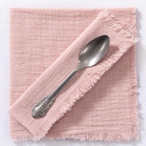 Image of MLMC 10 Pack Dusty Pink Cloth Napkins with Fringe Boho Linen Napkins Washable Reusable Rustic Dinner Table Decor 17 inchx17 inch for Wedding Party Bridal Baby Shower Home Decor