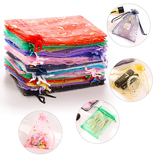 ENNIYU 100 Pieces Moon Star Organza Bags, 4x6“ Mixed Color Christmas Wedding Favors Gift Drawstring Bags Jewelry Pouches Candy Mesh Pouches4