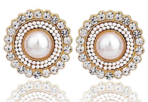 Cream Dome Big Pearl Stud Earrings, Crystals Rhinestones Art Vintage Earrings with Wedding Style