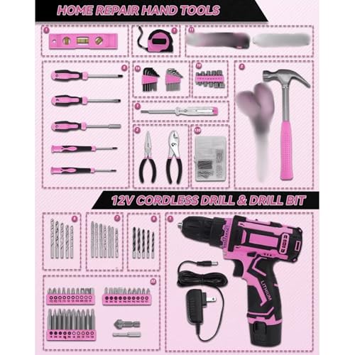 219-Piece Pink Home Tool Kit with 12V Cordless Drill – Complete DIY Repair Set with Durable Toolbox & UK Plug for Home, Office & Craft Projects 5 219-Piece Pink Home Tool Kit with 12V Cordless Drill – Complete DIY Repair Set with Durable Toolbox & UK Plug for Home, Office & Craft Projects - Image 5