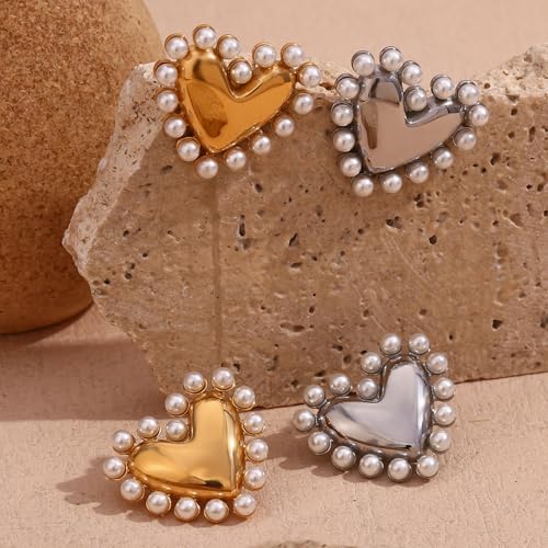 Boucles d'oreilles acier inoxydable anti-allergie cœur et perle - 7