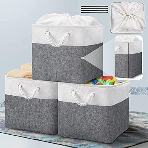 JSungo 3 Pack Storage Cube Bin, 13 x 13 x 12 Collapsible Storage Basket Cube with Drawstring Cover for Shelf, Foldable Fabric Organizer Set for Home, Extra Large, Dark Grey