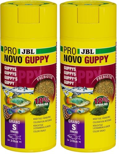JBL PRONOVO Guppy Grano, Aliment de Base pour Guppys et Autres Poissons Ovovivipares de 3-10 cm, Granulés pour Poissons, Doseur à clic, Taille S, 250 ML (Lot...