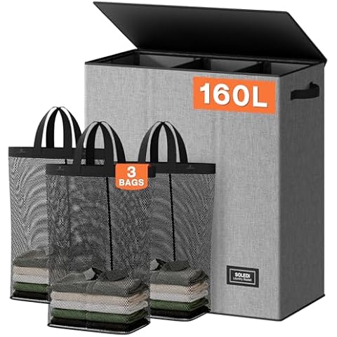 SOLEDI 3 Section 160L Laundry Hamper with Lid Cover