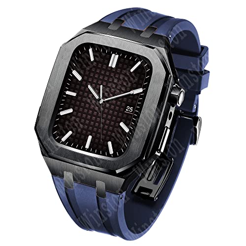 CNHKAU アップルウォッチバンドModキット用の高級ケースモディフィケーションセット 42mm 44mm IWatch Series 3 2 1 用ラバーストラップコレア付きメタルスチールケース