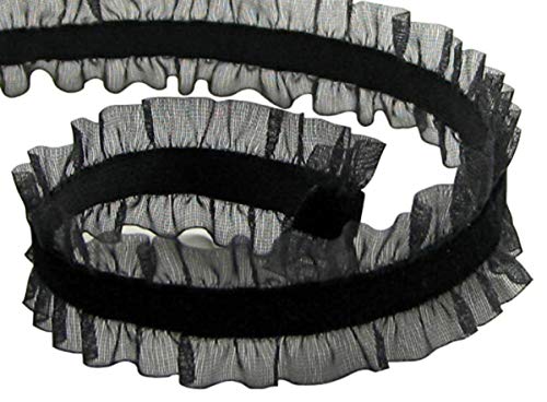 Q-Yo Double Ruffle/Velvet Ribbon For Gift Package Wrap, Hair Clip Accessory Making, Crafting, Sewing, Wedding Decor..(5Yd 1/4" Velvet +Double Ruffle Stretch Headband Elastic Trim-Black) #TOP5