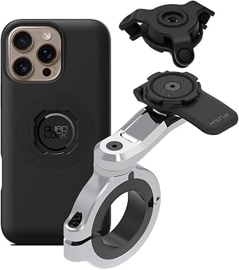 Quad Lock Motorcycle Handlebar Phone Mount PRO Chrome - Large with Vibration Dampener and MAG Phone Case for iPhone 16 Pro Max