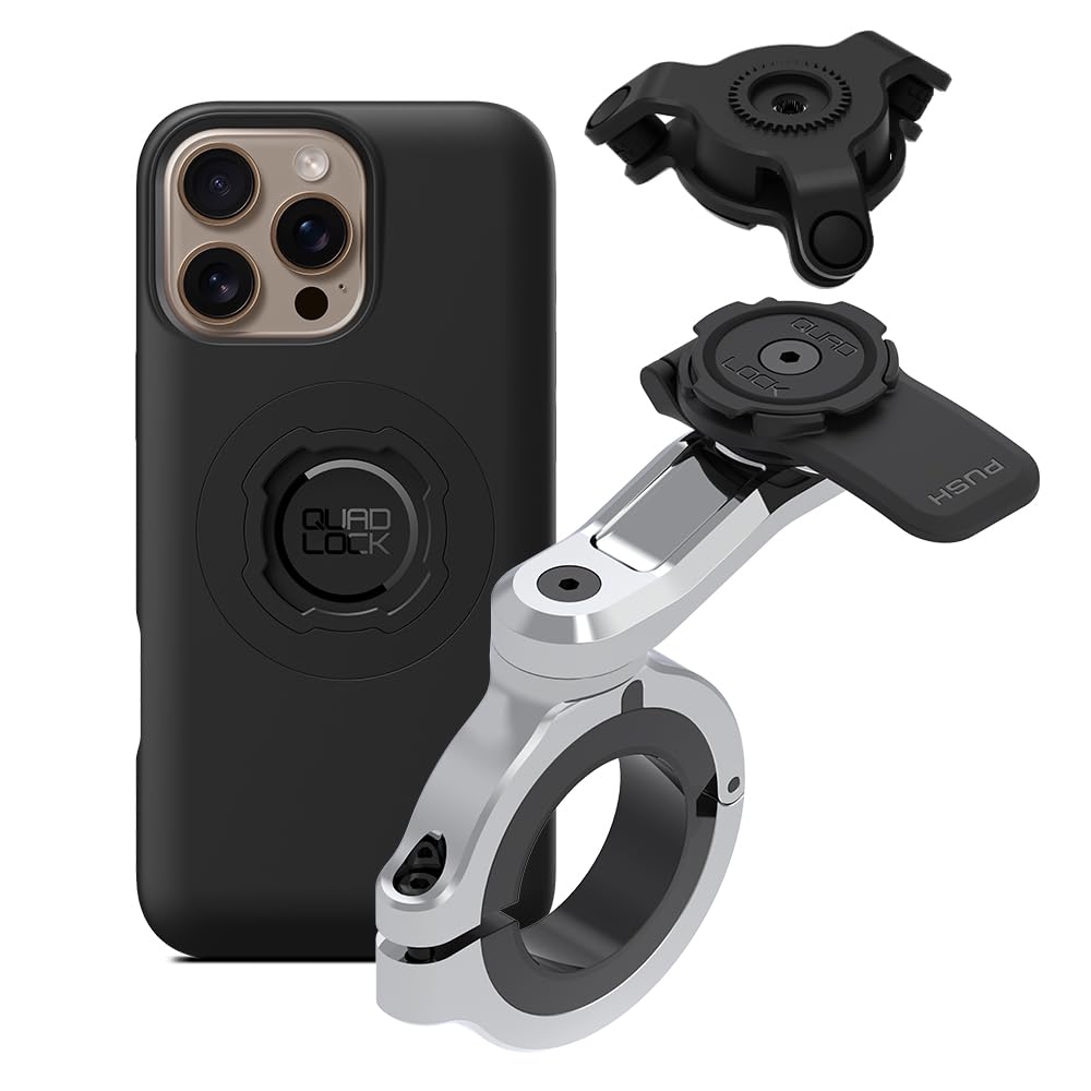 Quad Lock Motorcycle Handlebar Phone Mount PRO Chrome - Large with Vibration Dampener and MAG Phone Case for iPhone 16 Pro Max
