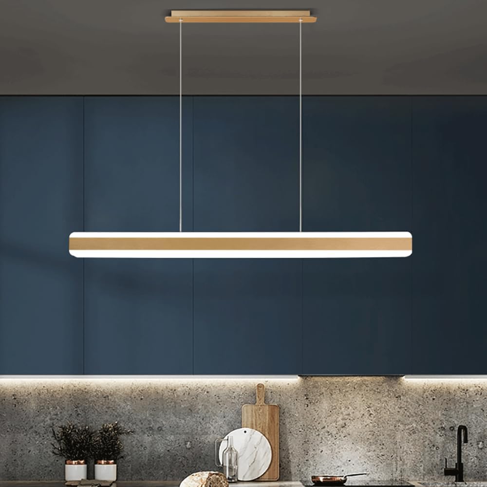 Modern LED Pendant Light, Strip Metal Hanging Lights with Brushed Workmanship, Kitchen Island Long Suspension Lamps, Simple Linear Chandeliers for Dining Room, 3-Color Mode