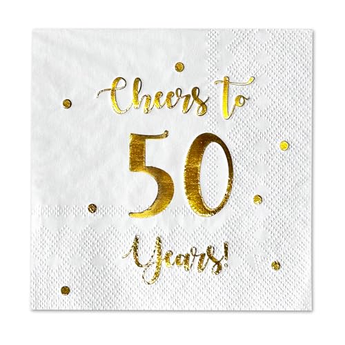 Cheers to 50 Years Cocktail Napkins | Happy 50th Birthday Decorations for Men and Women and Wedding Anniversary Party Decorations | 50-Pack 3-Ply Napkins | 5 x 5 inch folded (White)