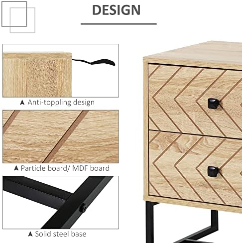 HOMCOM Bedside Table Nightstand Two-Drawer Bedroom Storage Unit Zig Zag Design with Black Metal Handles, Natural