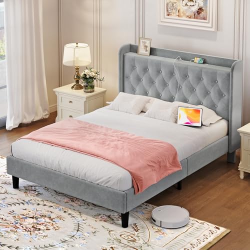 Image of koorlian Full Size Bed Frame, Full Bed Frame with Headboard, Adjustable Velvet Upholstered Bed Frame with Type-C&USB Port, Wingback Storage Headboard, Solid Wood Slats Support, Noiseless, Light Gray