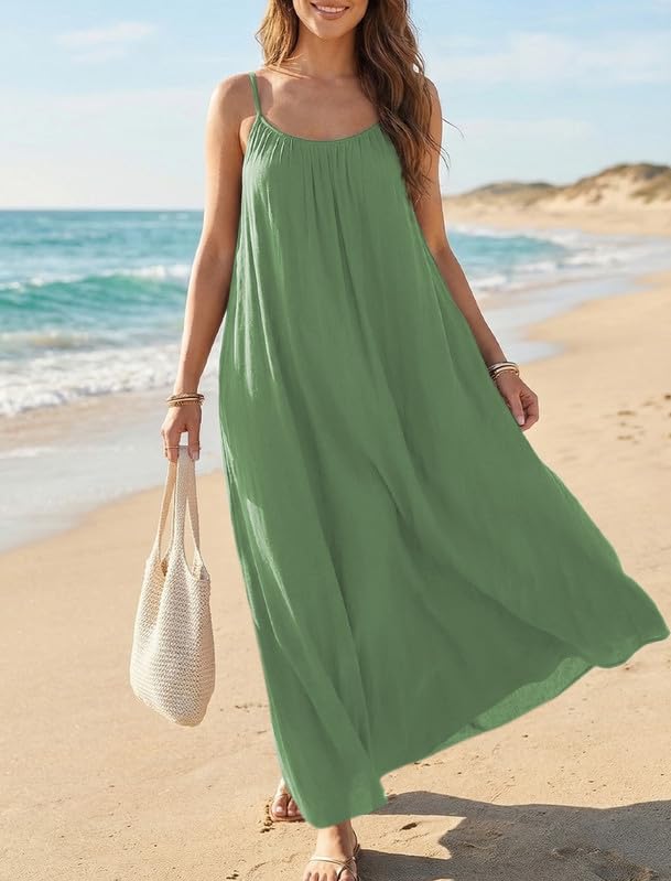 Vestido Mujer Verano Vestidos Casual con Espalda Descubierta Elegante Escote Redondo Vestido Largo de Tirantes Finos Sin Manga Ligero Fresco Bohemio Vestidos Amplio para Playa Vacaciones