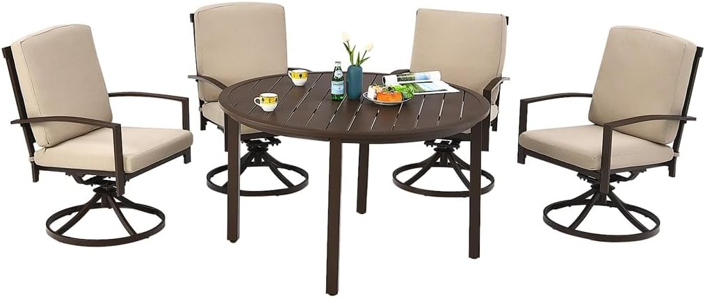 5PCS Patio Rattan Dining Set Swivel Chairs Cushioned Round Table Beige