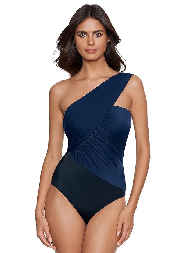 MagicSuit Womens Swimwear Solid Colorblock Goddess One Shoulder Underwire One Piece Swimsuit