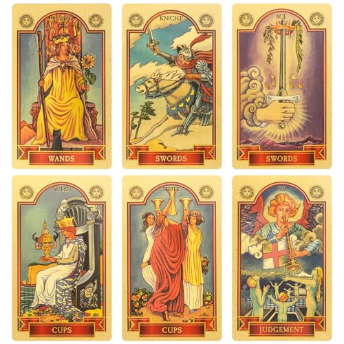 Gold Foil Tarot Cards with Guide Book, 78 Classic PVC Tarot Deck Waterproof and Wrinkle Resistant, Fortune Telling Game for Beginners - Thumbnail 4