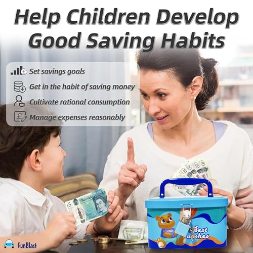 Image of FunBlast Money Saving Tin Coin Bank with Handle, Lock and Key, Piggy Bank for Kids, Gullak for Kid, Birthday Return for Boys & Girls, Money Bank, Coin Box for Kid (A-Multicolor)