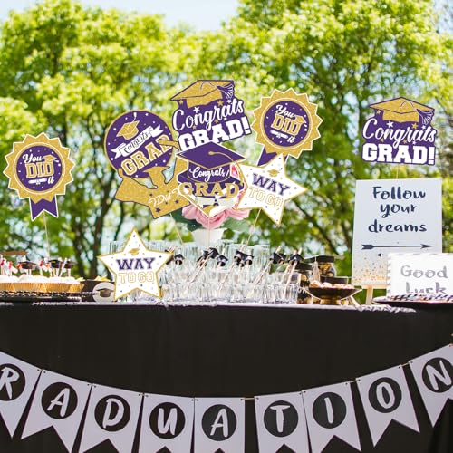 Image of 2026 Graduation Party Decorations - 24 Pcs Class of 2026 Congrats Grad Table Centerpieces Graduation Table Decorations Sticks Table Toppers for Graduation Party (Purple Gold)