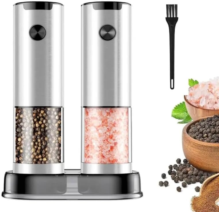 SeasonMate-Stainless Steel Electric Salt & Pepper Grinder Set (2 Grinders + Base),Automatic Spice Grinder Set | Electric Pepper & Salt Grinder with 5 Adjustable Coarseness Levels | Built-In Light