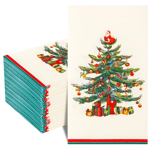 WDF 100Pack Christmas Tree Napkins - 3 Ply Disposable Cocktail Napkins-Green Christmas Tree With Gift-dinner napkins for Party