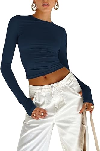 Women's Y2K Tops Crop Top Club Party Girls Streetwear Basic Long Sleeve Slim Fit Crop T Shirt Top (UK, Alpha, L, Regular, Regular, Blue)
