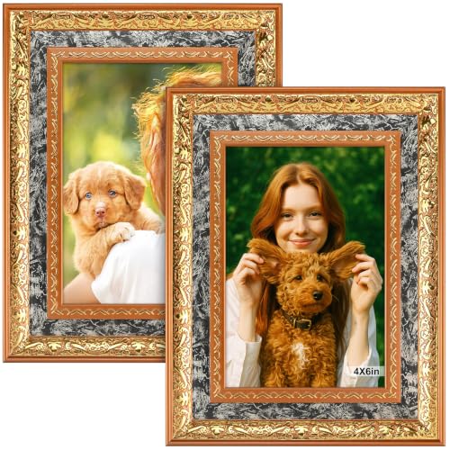 Image of 6x4 Picture Frames - 2PCS 4x6 Vintage Picture Frames Stand Free-standing Horizontally & Vertically Intricate Patterns Photo Frames for Home Office Living Room Décor (Gold)