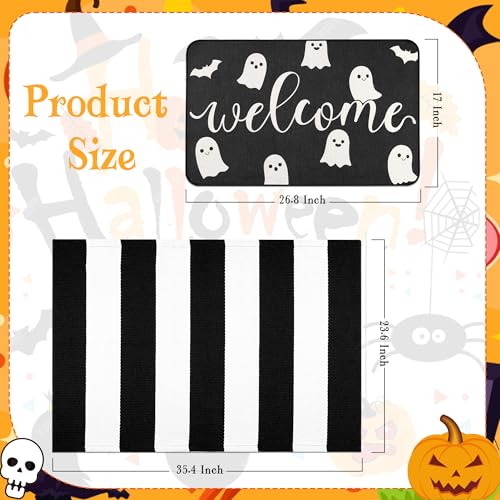 Halloween Door Mat Set, Ghost Welcome Rug with Black White Stripe Runner | 2-Piece Doormat with 17" x 26.8" Friendly Ghost Mat and 23.6" x 35.4" Striped Rug; Linen Surface With Non-Slip Backing - image 2