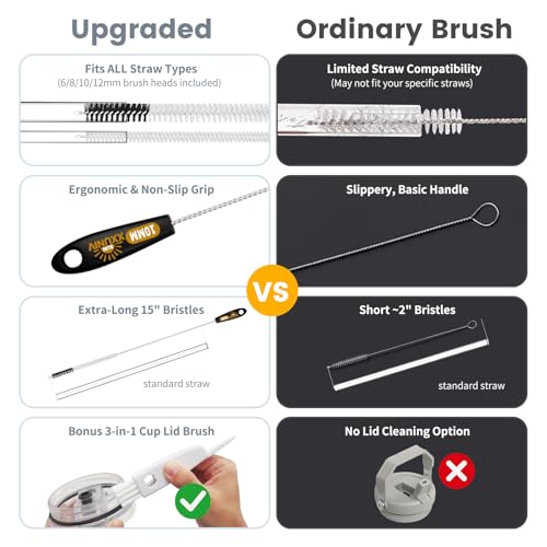 Image of 15 Inch Extra Long Black Straw Cleaner Brush Set,5PCS for 20-40oz Stanley | 4 Straw Brushes:6 /8 /10 /12mm plus 3-in-1 Cup Lid Brush,Heavy-Duty Cleaning Brush for Owala,Yeti,Tumblers and Reusable Straws