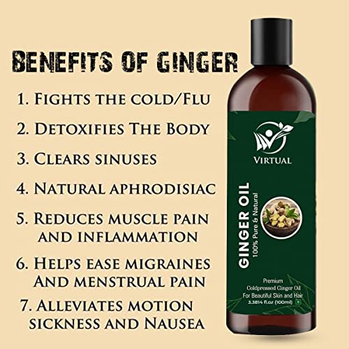 Image of VIRTUAL Pure Ginger Essential Oil For Stronger Hair, Body Skin Care, Moisturizing Dry Skin, Cold Pressed Oil With No Mineral & SiliconesFor Shine Hair,(Ginger Oil, 180 ML) Pack of 2