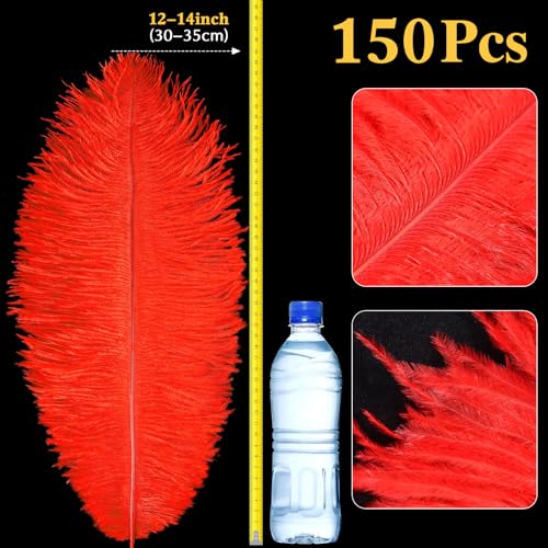 Berlune 150 Pcs Large Ostrich Feathers Bulk 12-14 Inch (30-35 Cm) Natural Ostrich Feathers Plumes for DIY Crafts Wedding Party Centerpieces Party Christmas Decorations(Red) by Berlune - Image 2