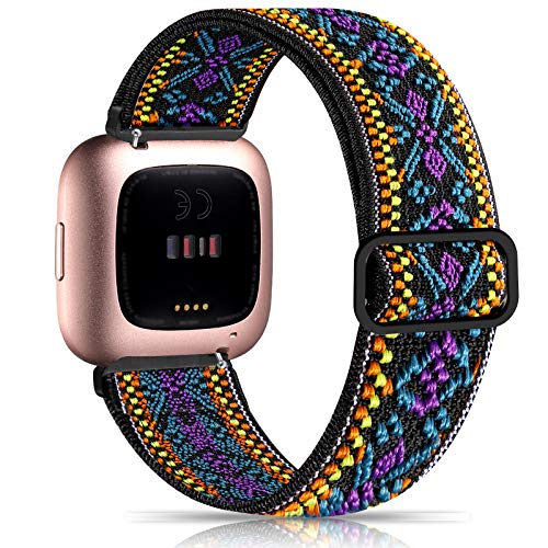 Witzon Elastic Bands Compatible With Fitbit Versa 2 / Versa / Versa Lite, Soft Loop Nylon Fabric Breathable Stretchy Replacement Straps For Versa Smartwatch Wristband For Women Men, Ethnic Purple #TOP6