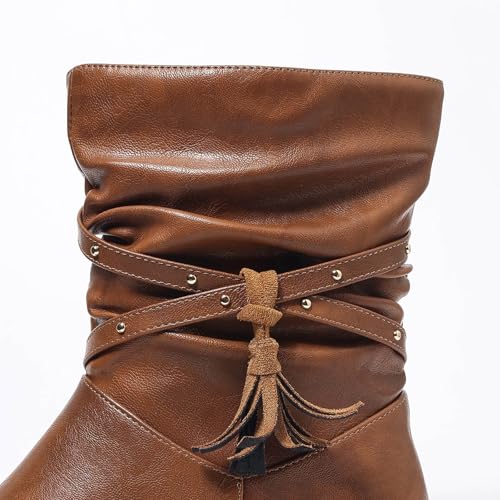 Women's Mid Calf Boots Wrinkled Side Zipper Fringe Design Round Toe Low Heel Ankle Booties Comfortable Casual Boots4