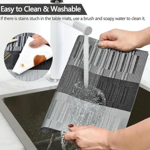 Image of Potency Table Mats Set of 6, Woven Placemats for Dining Table, Heat-Resistant, Stain-Resistant, Anti-Skid, Washable Table Mats, Vinyl Placemats for Dining, Kitchen & Restaurant Table (A Black Grey)