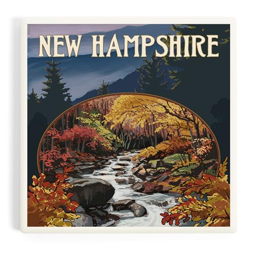 Lantern Press New Hampshire, Waterfall and Mountains (Absorbent Ceramic Coaster, Single, Cork Back,...