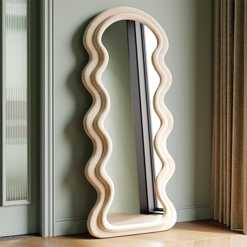 Generisch Specchio asimmetrico ondulato, grande specchio da parete per tutto il corpo, specchio con cornice in legno avvolto in flanella, da appendere o inclinare, bianco, 160 x 60 cm