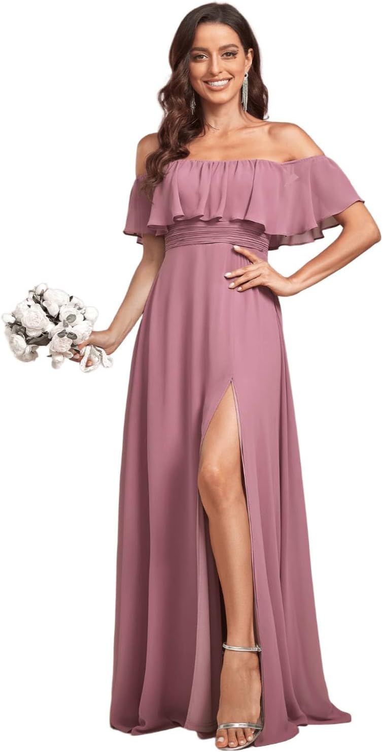 Ever-Pretty Women's Elegant Off The Shoulder Side Split High Waist Flowy Chiffon Maxi Bridesmaid Dress 00968
