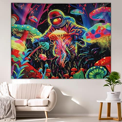 SUNNEKO Trippy Tapestry Wall Hanging, Mushroom& Astronaut& Jellyfish, Glow under UV Light, Tapestry for Bedroom Aesthetic,Home Decoration Living Room,Study,Party,Preppy Room Decor,Adults, 200×150cm