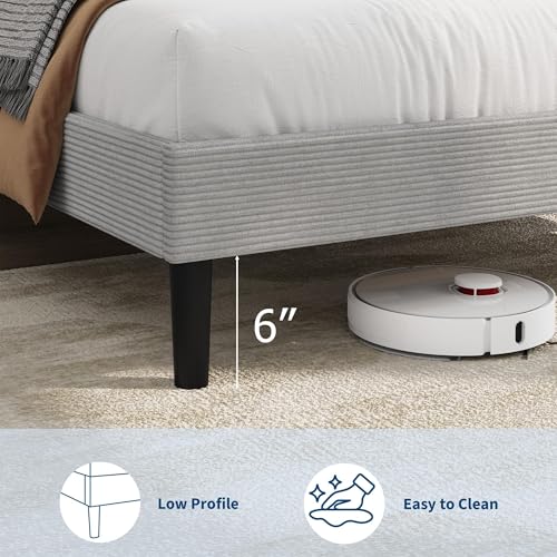 Image of GarveeLife Corduroy Upholstered Platform Bed Frame with USB Charging Station, Adjustable Storage Headboard, Wooden Slat Support, No Box Spring Needed, Easy Assembly, Queen Light Gray