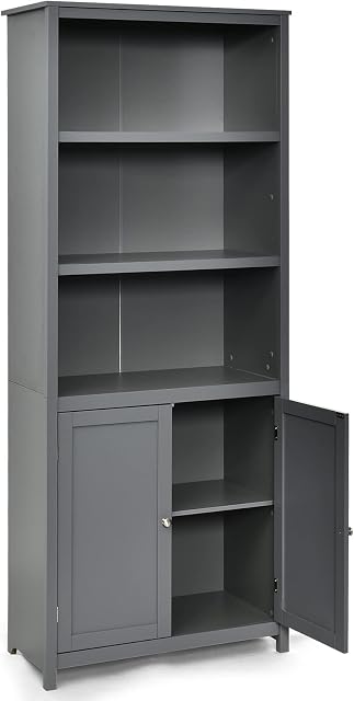 CASART Wooden Bookcase, Modern Storage Cabinet Cupboard with 3 Tier Open Shelves & 2 Doors, Freestanding Display Rack Bookshelf for Living Room, Bedroom and Office (Gray)