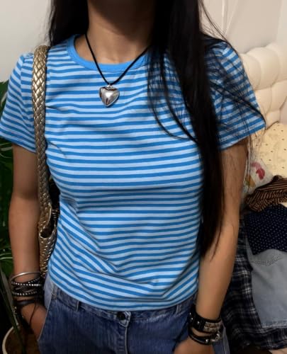 Image of Cute Striped Graphic Tees for Women Y2k Short Sleeve Preppy Teen Crop Tops